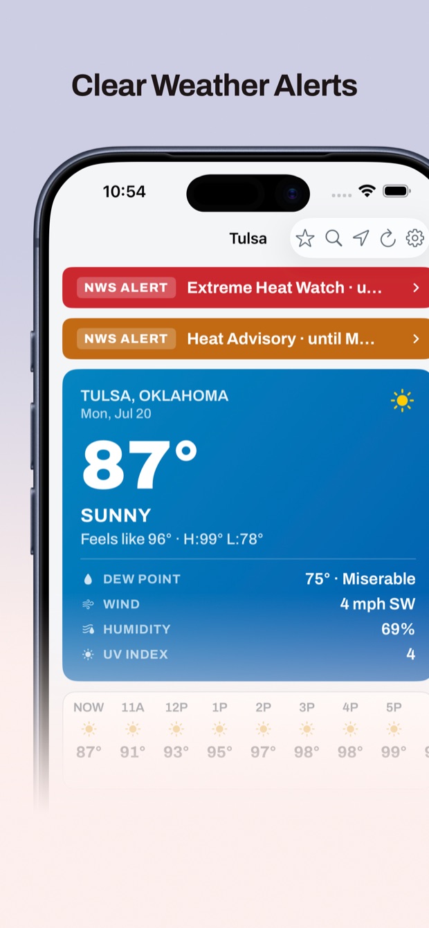 Two National Weather Service alert banners above the current conditions