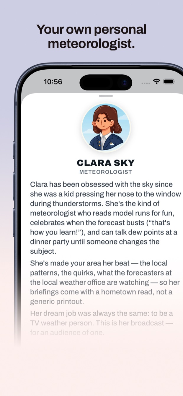 Clara Sky's biography describing her as a meteorologist who reads model runs for fun