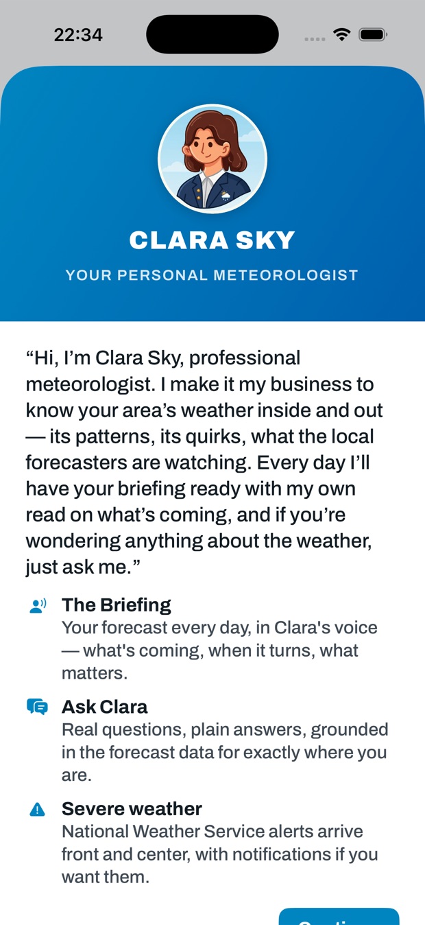 Clara Sky's introduction screen explaining The Briefing, Ask Clara and severe weather