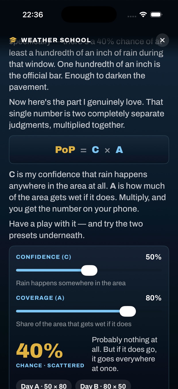 Interactive demo showing probability of precipitation as confidence multiplied by coverage